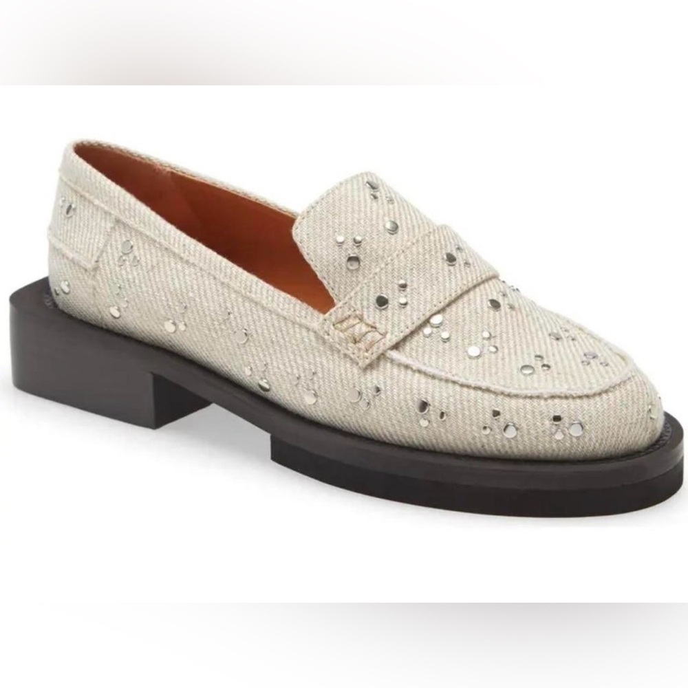 Ganni Platform Moccasins Loafers Cream and Black Studded Slip-On Flats. Size 39